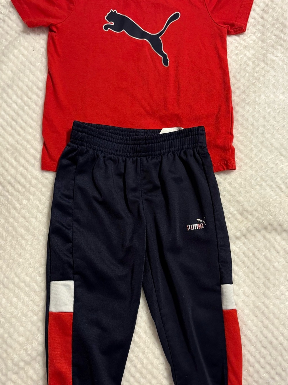 Puma Red Tee with Navy and White Paneled Track Pants 24 months - Picture 2 of 7